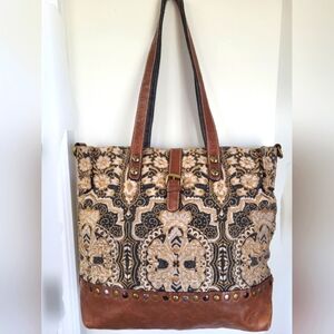 ✔️ Patricia Nash Leather & Embroidered Tote in Brown/Cream and Black/Dark Blue